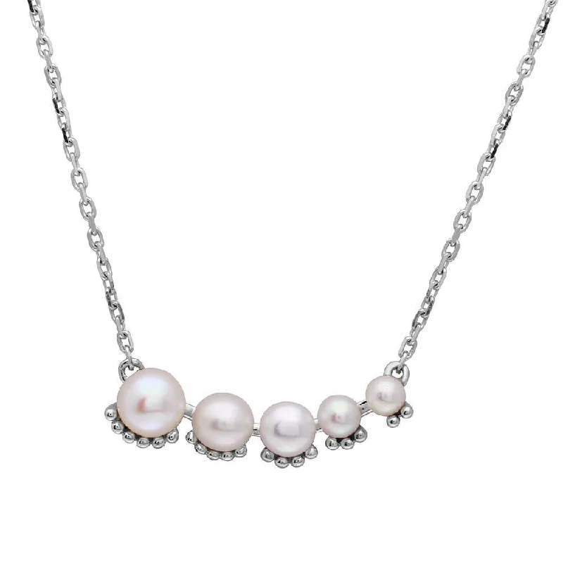 ladies necklaces matching-Silver 925 Rhodium Plated Graduated Fresh Water Pearl Necklace - GMN00011RH