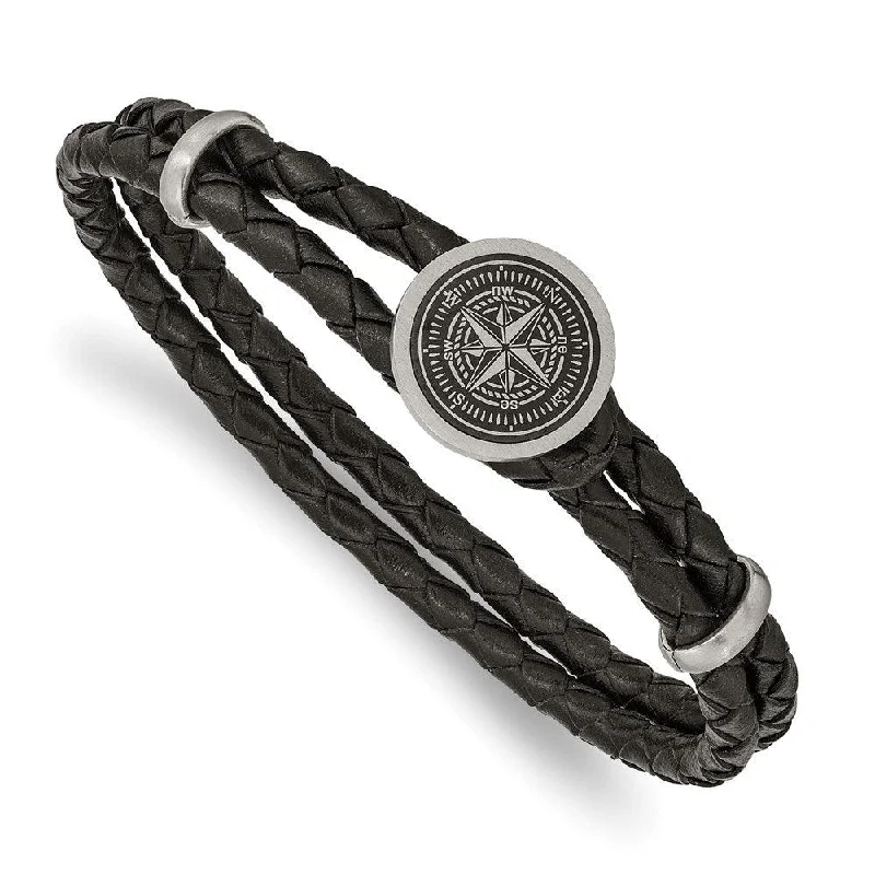 ladies bracelets seasonal-Stainless Steel Brushed Lasered Compass Black Leather 8.5in Bracelet