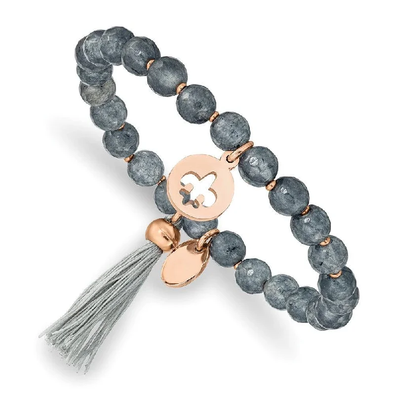 ladies bracelets maintenance-Stainless Steel Polished Rose IP Fleur de Lis Grey Agate Stretch Bracelet