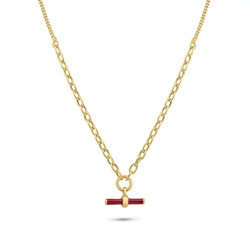 ladies necklaces maintenance-Gold Plated 925 Sterling Silver Curb Rolo Adjustable Enamel Red Bar Necklace - ITN00168-GP