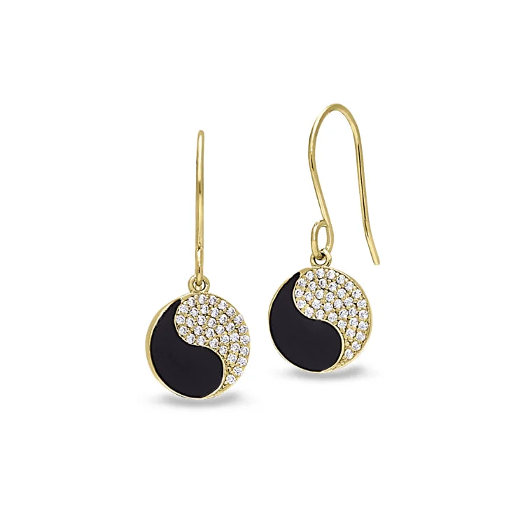 Ladies earrings birthday gift -Gold Vermeil Sterling Silver Micropave Black Enamel Yin Yang Earrings with Simulated Diamonds