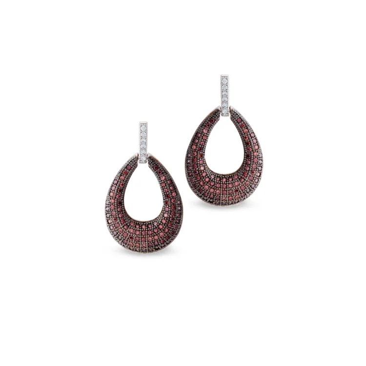 Ladies earrings star accent -Platinum & Black Rhodium Finish Sterling Silver Micropave Two Tone Teardrop Earrings with Brown Simulated Diamonds