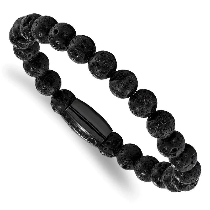 ladies bracelets statement-Stainless Steel Polished Black IP-plated Lava Rock Beaded Stretch Bracelet