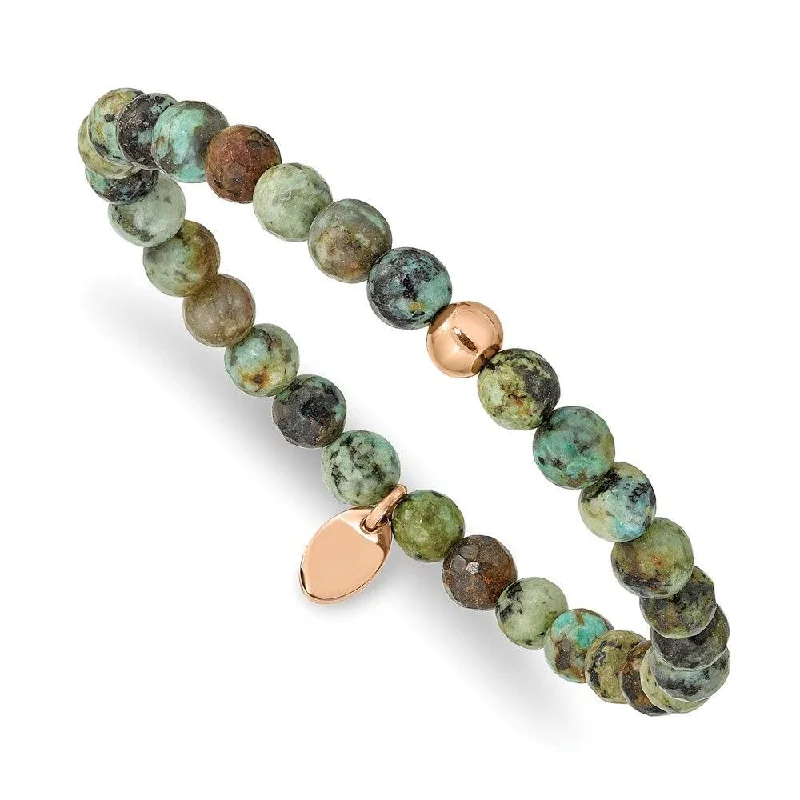 ladies bracelets spring-Stainless Steel Polished Rose IP-plated African Turquoise Stretch Bracelet