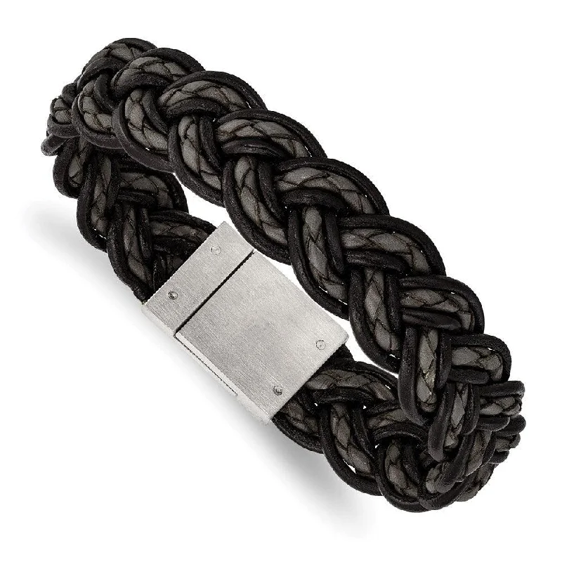 ladies bracelets brands-Stainless Steel Brushed Black and Grey Woven Leather Bracelet