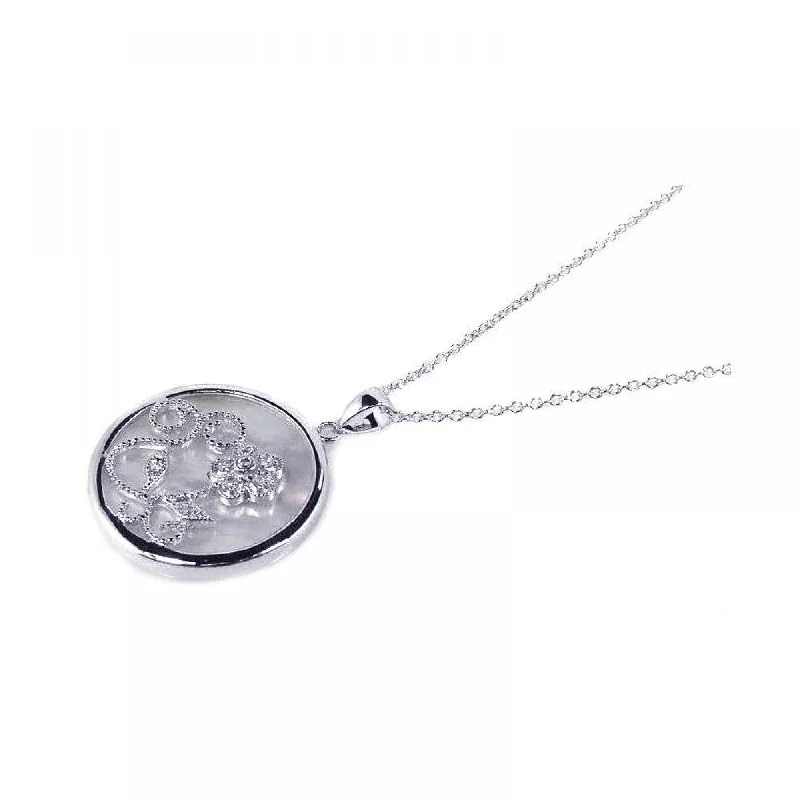 ladies necklaces choker-Clearance-Silver 925 Clear CZ Mother Pearl Rhodium Plated Round Circle Pendant Necklace - BGP00127