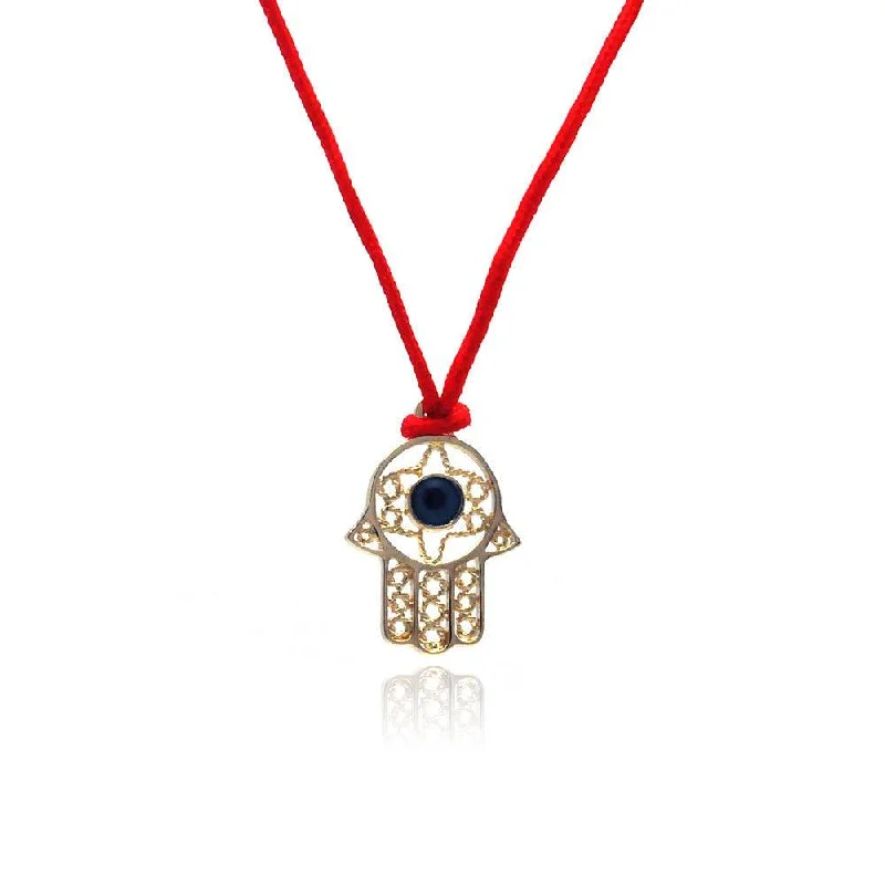 ladies necklaces brushed-Silver 925 Gold Plated Open Hamsa CZ Red Cord Necklace - BGP00308