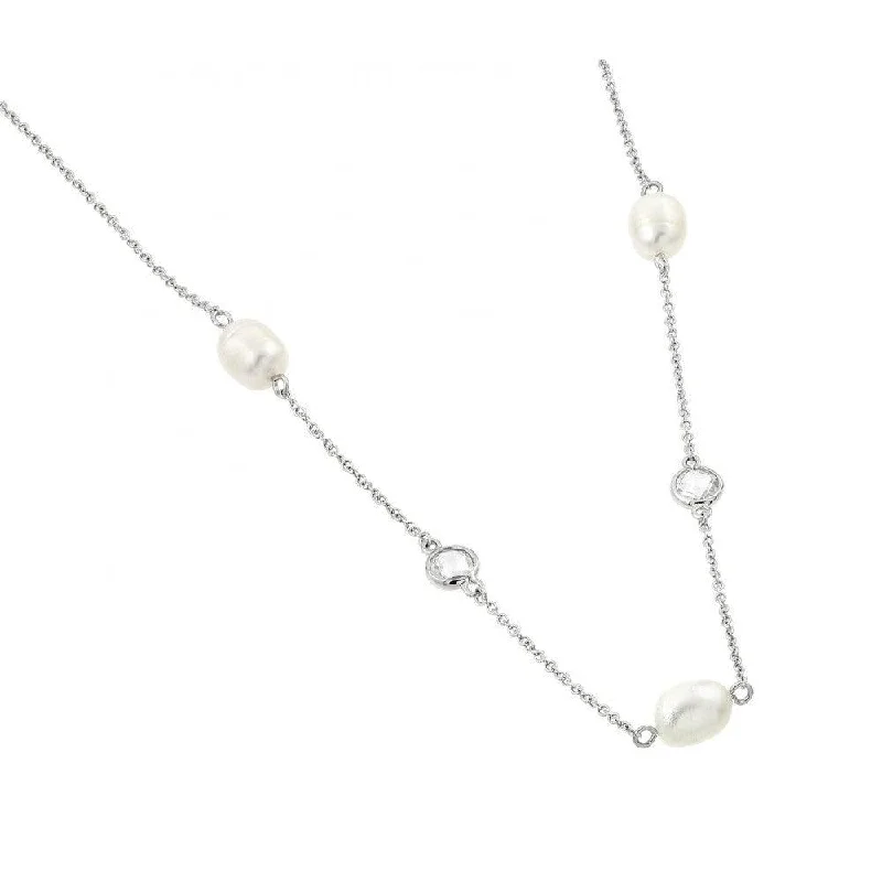 ladies necklaces statement-Silver 925 Rhodium Plated Clear CZ Fresh-water Pearl Pendant Necklace - BGP00982