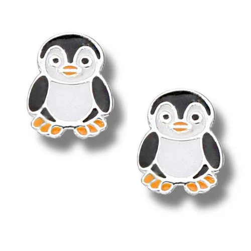 Ladies earrings hawaiian design -Waddling Sterling Silver / Enamel Penguin Earrings (1/2 Tall)