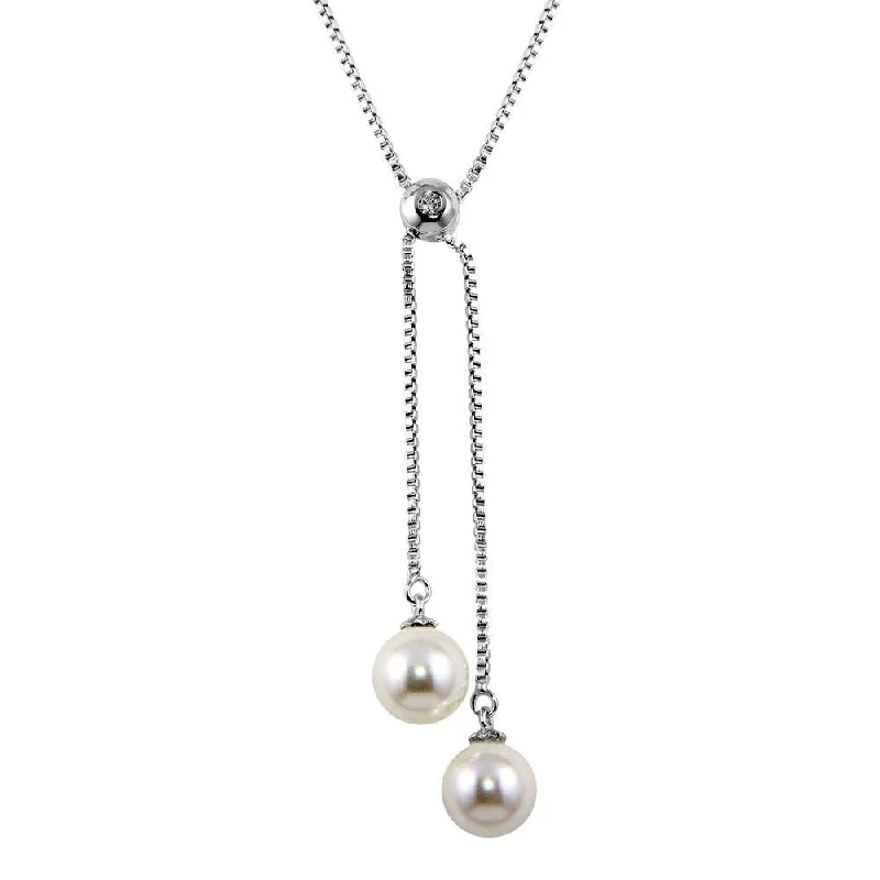 ladies necklaces blue-Rhodium Plated 925 Sterling Silver Box Drop Synthetic Pearl Necklace - BGP01243