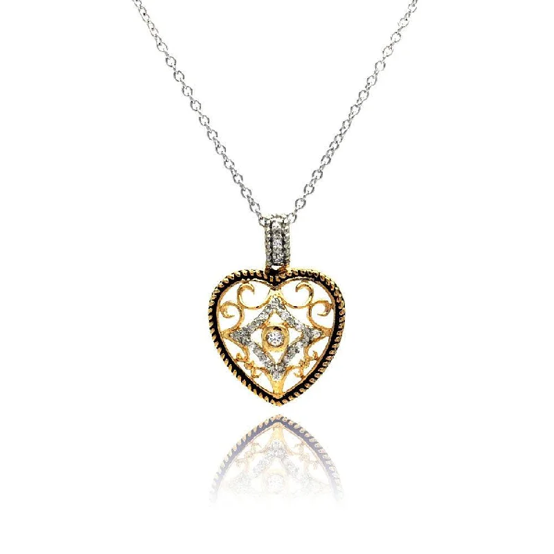 ladies necklaces eye catching-Silver 925 Clear CZ Gold Plated Heart Pendant Necklace - BGP00117