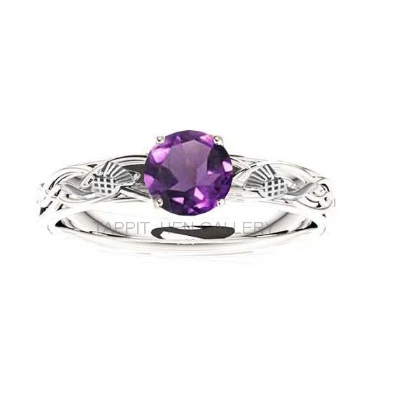 Ladies engagement rings mixed metals -SCOTTISH THISTLE CELTIC FLOW AMETHYST ENGAGEMENT RING IN WHITE GOLD