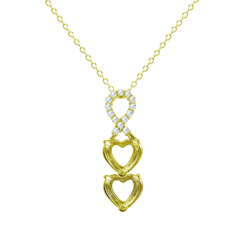 ladies necklaces layered-Gold Plated 925 Sterling Silver Personalized Ribbon 2 Hearts Drop Mounting Necklace - BGP01383GP