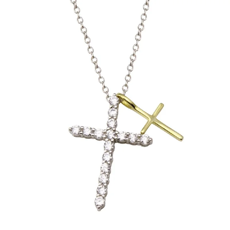 ladies necklaces special occasion-Rhodium and Gold Plated 925 Sterling Silver  Cross Clear CZ Adjustable Necklace - STP01835