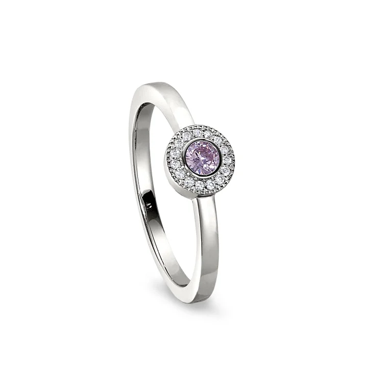 Ladies rings limited edition -Platinum Finish Sterling Silver Micropave Round Simulated Pink Sapphire Ring with Simulated Diamonds Size 4