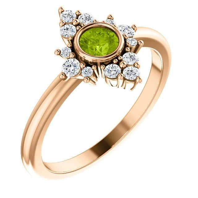 Ladies rings classic elegance -14KT Gold .30 CT Peridot & .20 CTW Diamond Bezel Halo Ring