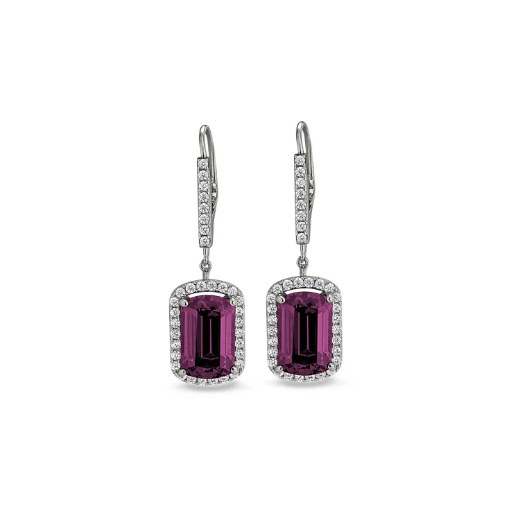 Ladies earrings river accent -Platinum Finish Sterling Silver Micropave Emerald Cut Pink Stone Earrings with Simulated Diamongs