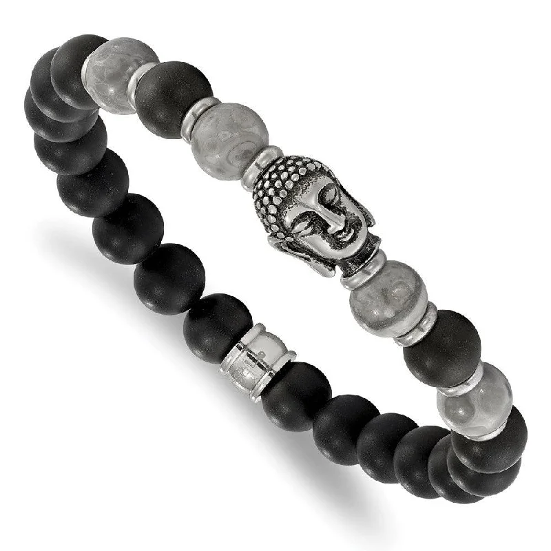 ladies bracelets topaz-Stainless Steel Buddha Black Agate/Grey Jasper Beaded Stretch Bracelet