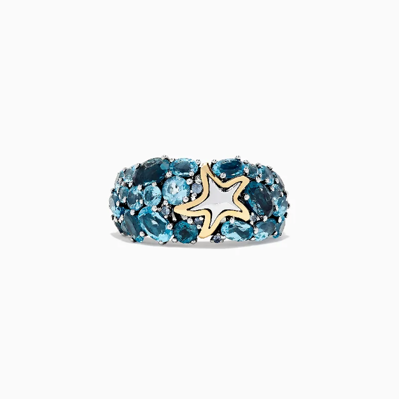 Ladies rings summer fashion -Seaside Silver and 18K Gold Blue Topaz Starfish Ring, 6.70 TCW