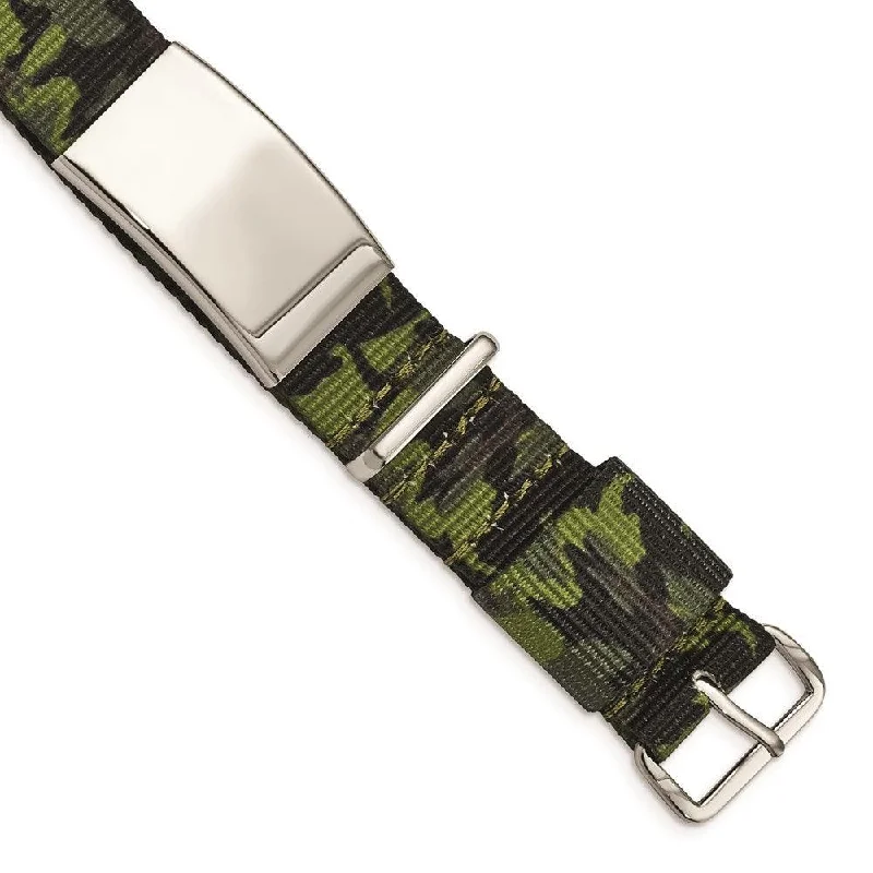 ladies bracelets yoga-Stainless Steel Polished Green Camo Fabric Adjustable ID Bracelet