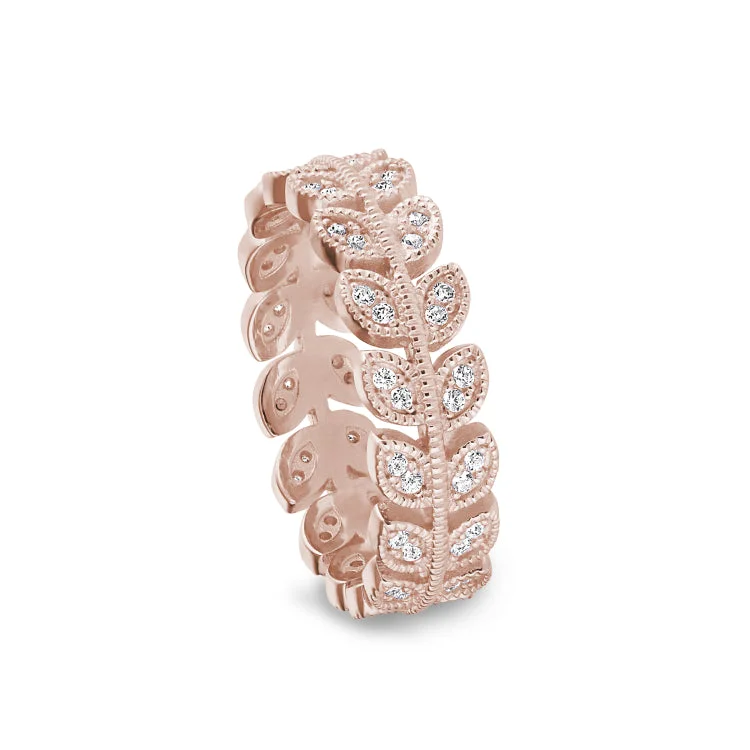 Ladies rings rococo charm -Rose Gold Finish Sterling Silver Micropave Leaf Ring with Simulated Diamonds