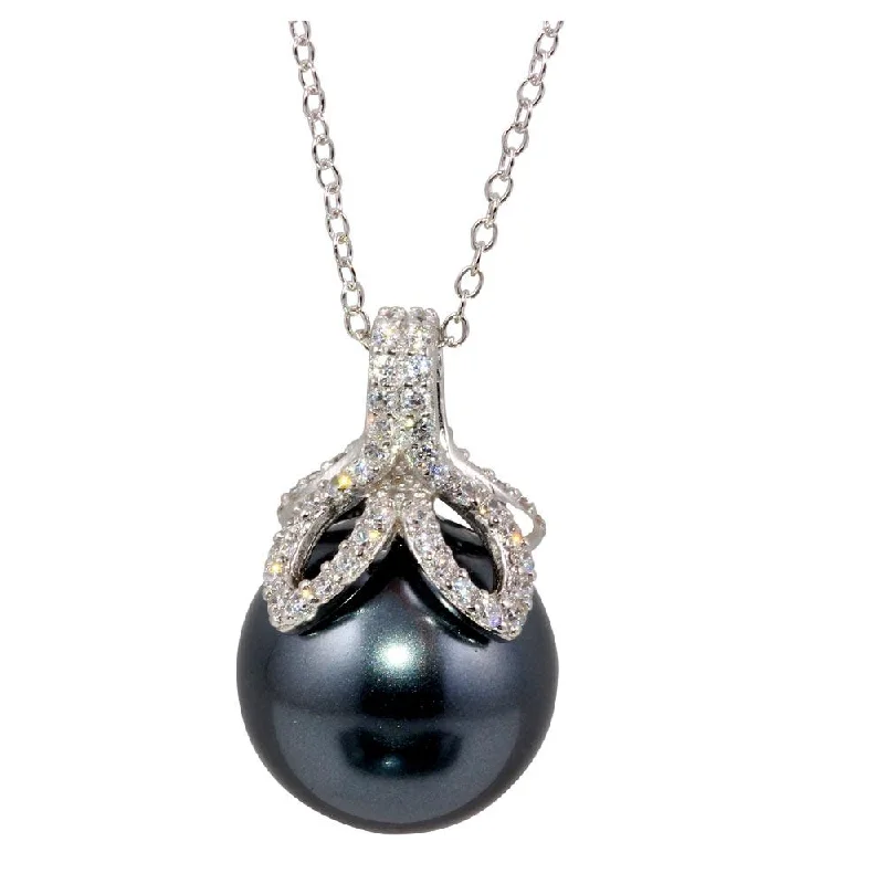 ladies necklaces holiday-Rhodium Plated 925 Sterling Silver Grey Pearl Pendant Necklace with CZ - BGP01245