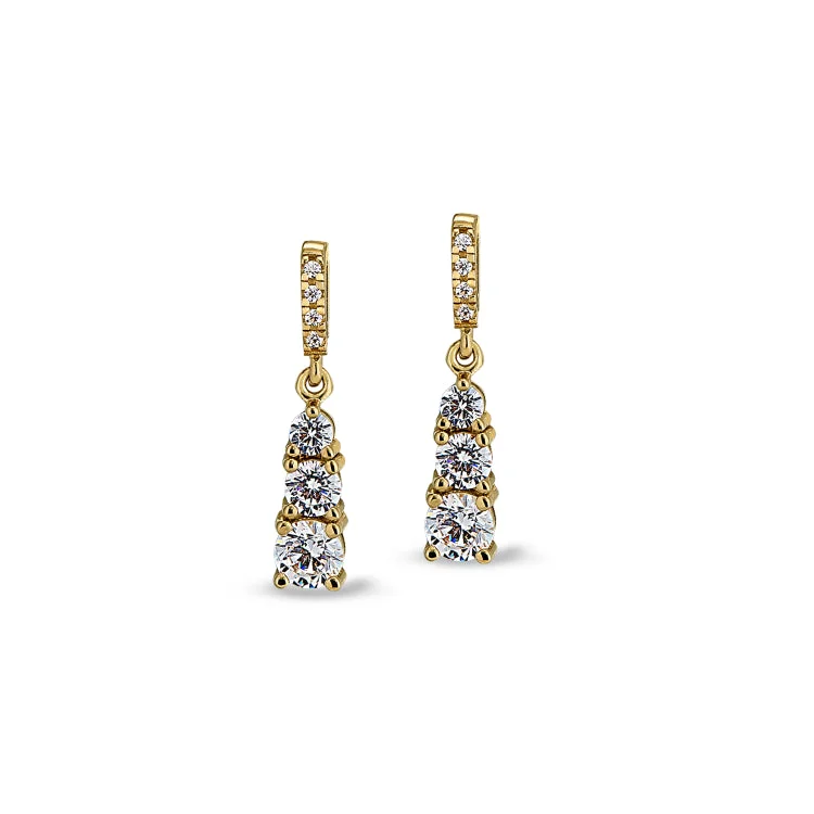 Ladies earrings zodiac sign -Gold Finish Sterling Silver Micropave 3 Stone Drop Earrings with Simulated Diamonds