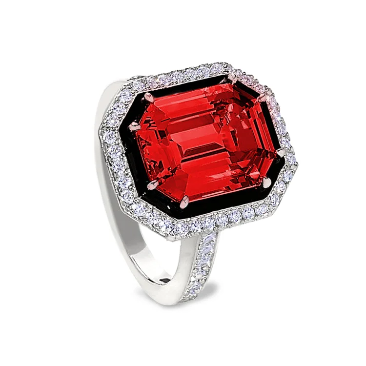 Ladies rings smoky quartz -Platinum Finish Sterling Silver Micropave Black Enamel & Simulated Ruby Octagon Ring with Simulated Diamonds - Size 5