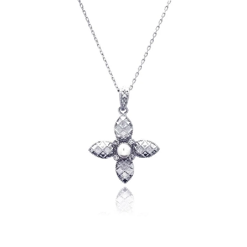 ladies necklaces healing-Clearance-Silver 925 Rhodium Plated Flower CZ Center Pearl Necklace - BGP00432