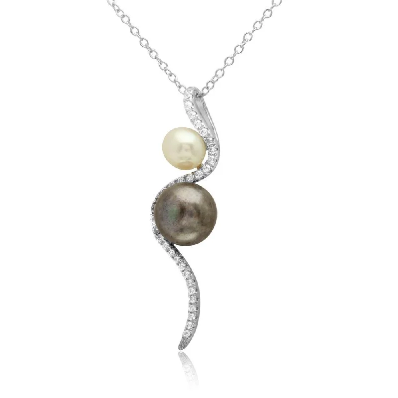 ladies necklaces joy-Rhodium Plated 925 Sterling Silver Fresh Water Pearl with Slanted CZ Design Necklace - BGP01222