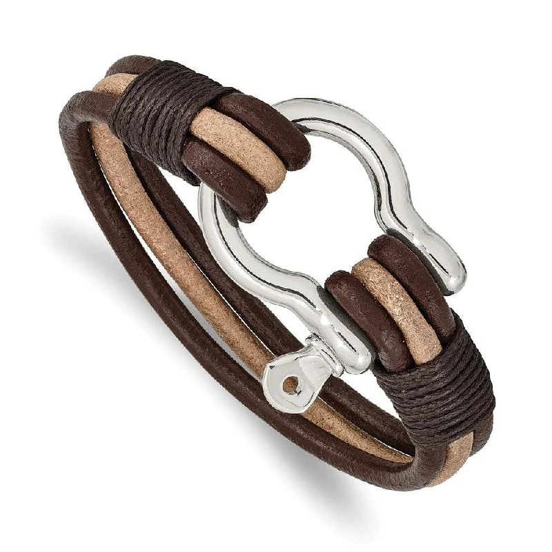 ladies bracelets nature-Stainless Steel Polished DarkBrown/Tan Leather MultiStrand Shackle Bracelet