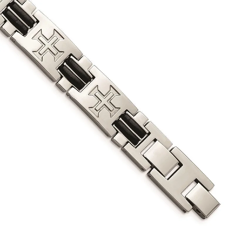 ladies bracelets statement-Stainless Steel Polished Black Rubber Cross Adjustable Bracelet