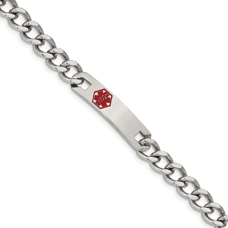 ladies bracelets wave-Stainless Steel Polished with Red Enamel 9.5in Medical ID Bracelet