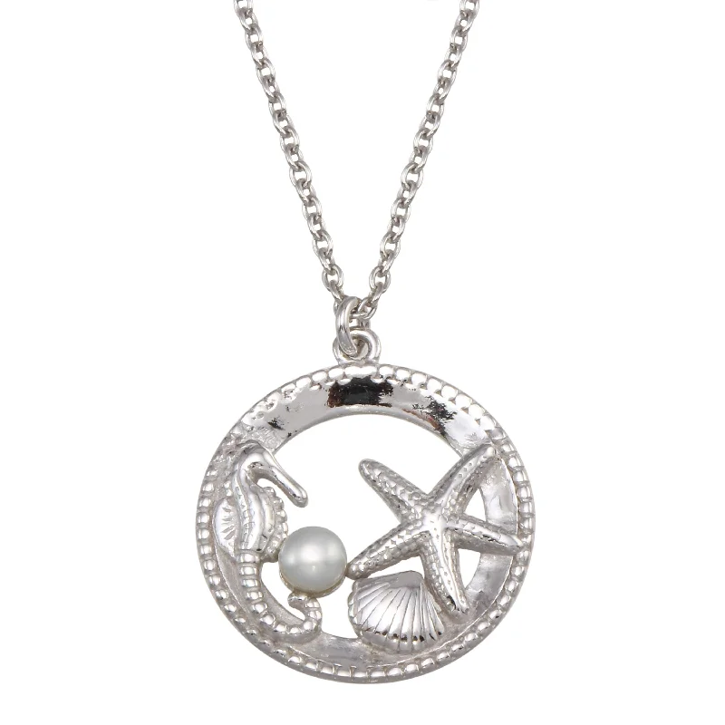 ladies necklaces designer-Rhodium Plated 925 Sterling Silver Seahorse, Starfish, Clam, and Pearl Pendant Necklace - SOP00159