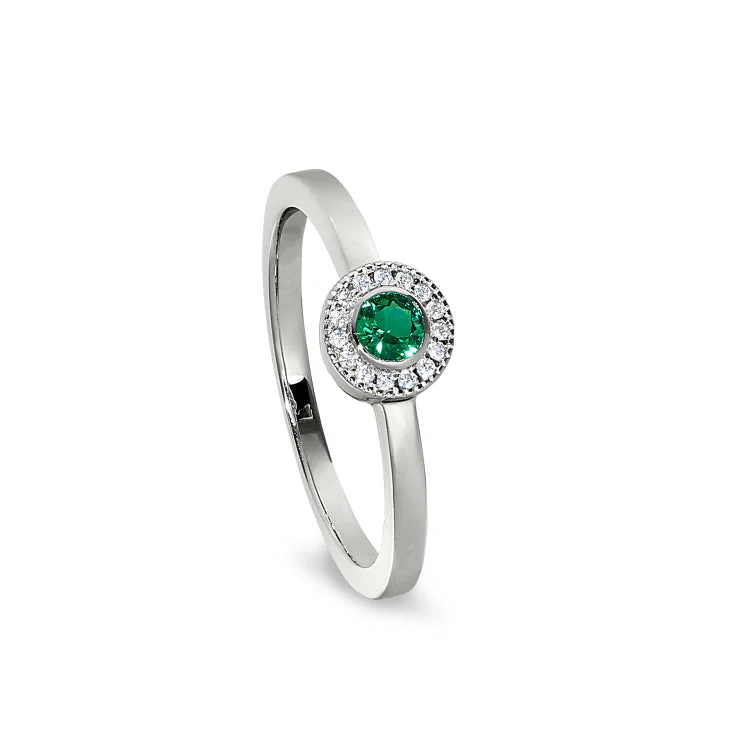 Ladies rings lotus flower -Platinum Finish Sterling Silver Micropave Round Simulated Emerald Ring with Simulated Diamonds Size 8