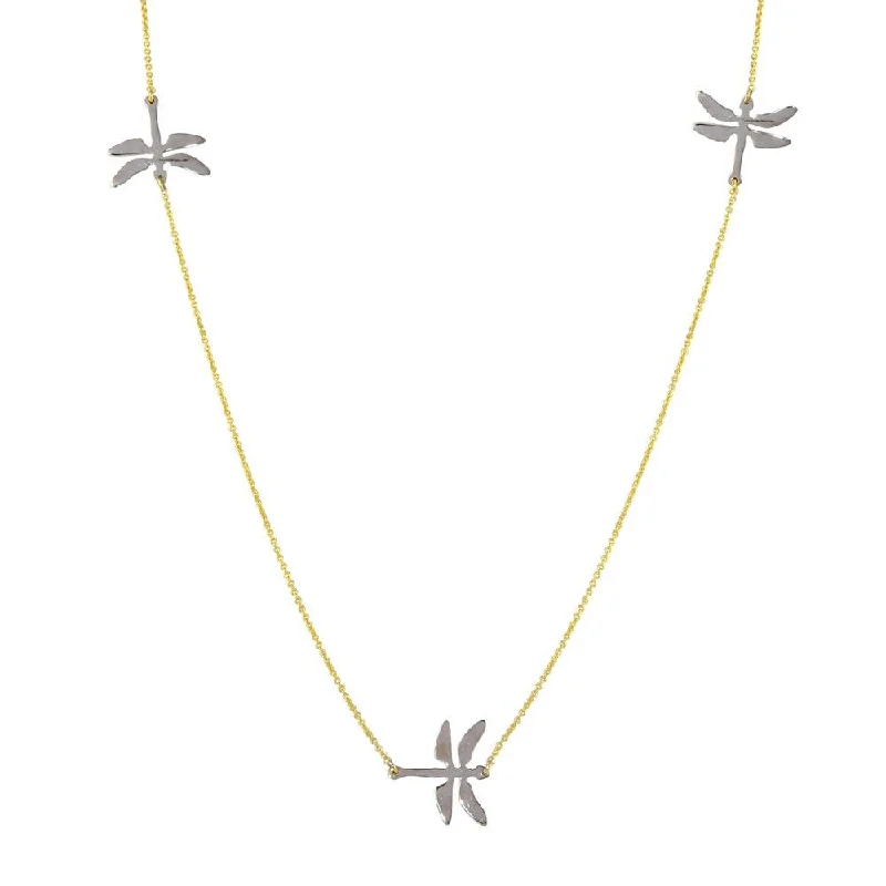 ladies necklaces gift box-Rhodium Plated 925 Sterling Silver and Gold Plated Dragonfly Necklace - DIN00024