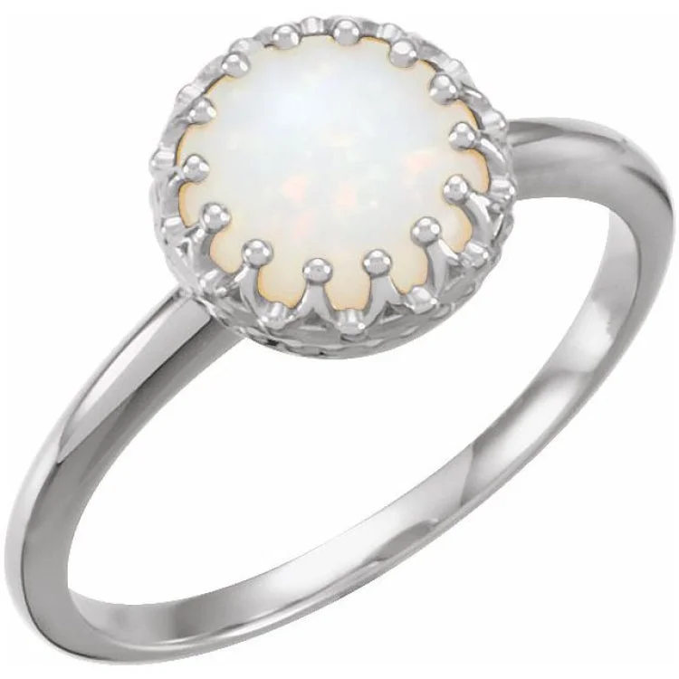 Ladies rings military tribute -14K White 8 mm Natural Opal Crown Cabochon Ring