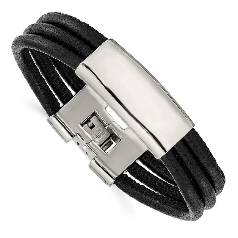 ladies bracelets energy-Stainless Steel Polished Blk Leather ID Bracelet