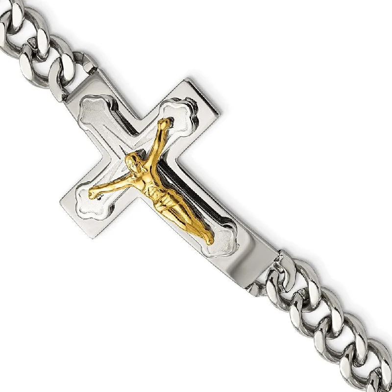 ladies bracelets silver-Stainless Steel Polished Yellow IP-plated Crucifix 8in Bracelet