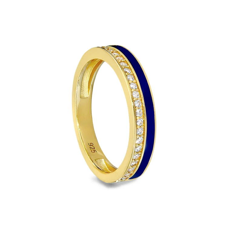 Ladies rings roman inspired -Gold Vermeil Sterling Silver Micropave Ring with with Navy Enamel and Simulated Diamondss