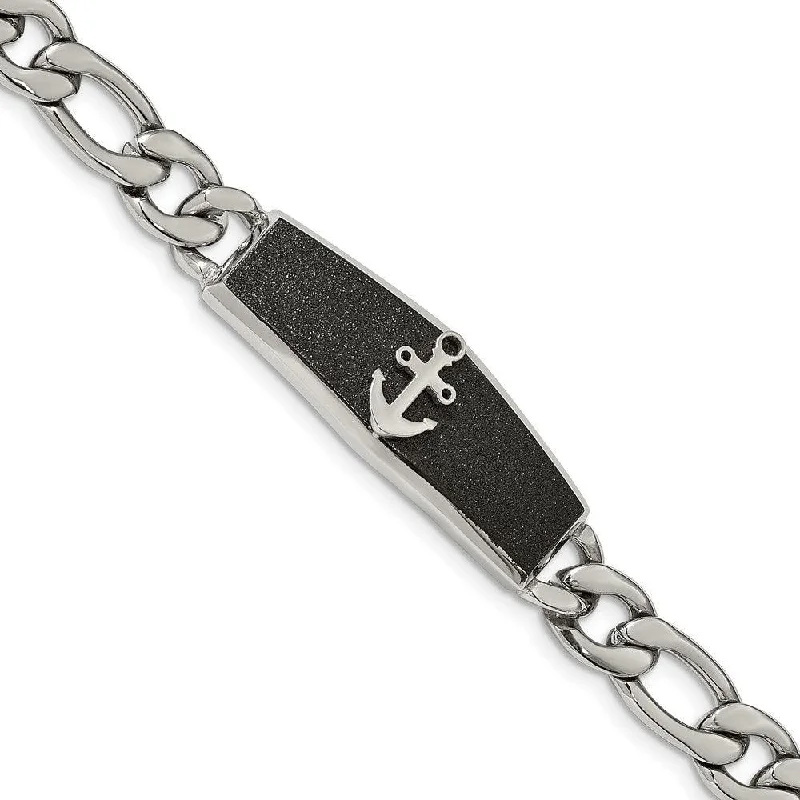 ladies bracelets bohemian-Stainless Steel Polished Black IP-plated Laser cut Anchor 8.5in Bracelet