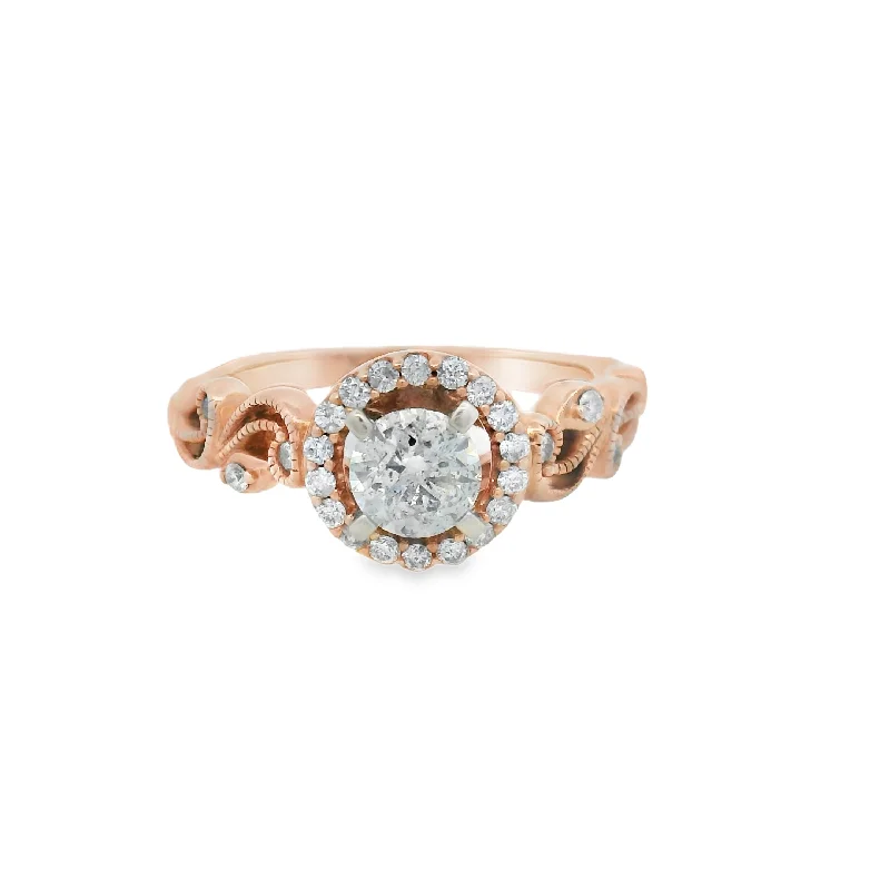 Ladies engagement rings heart accent -Rose Gold Diamond Halo Floral Engagement Ring