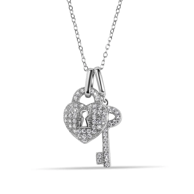 ladies necklaces beaded-Silver 925 Rhodium Plated Clear CZ Lock and Key Pendant Necklace - BGP00860