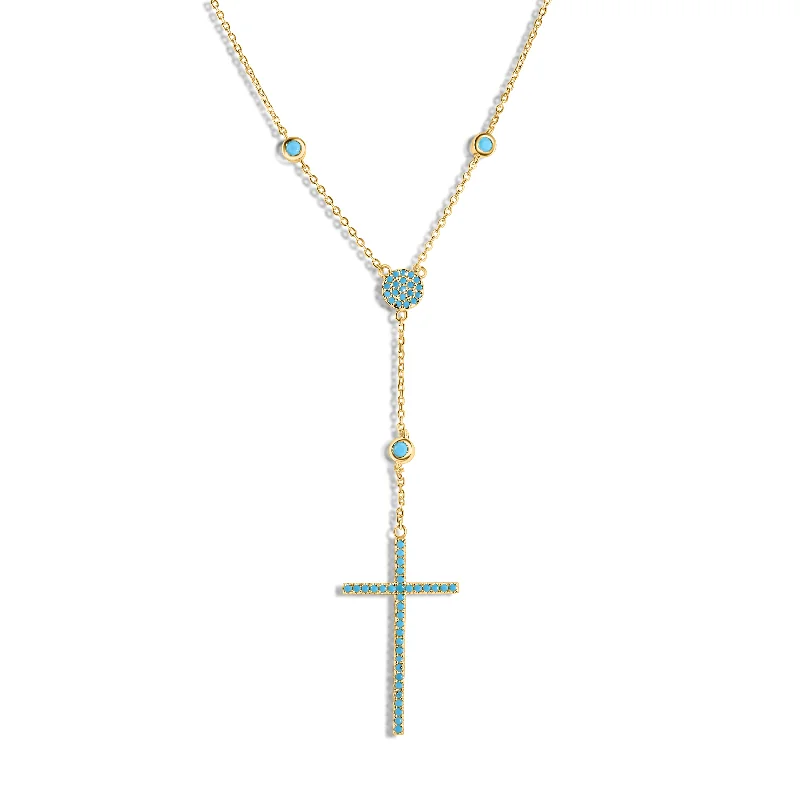 ladies necklaces geometric-Silver 925 Gold Plated Cross Necklace with Synthetic Turquoise Stones - STP01513GP