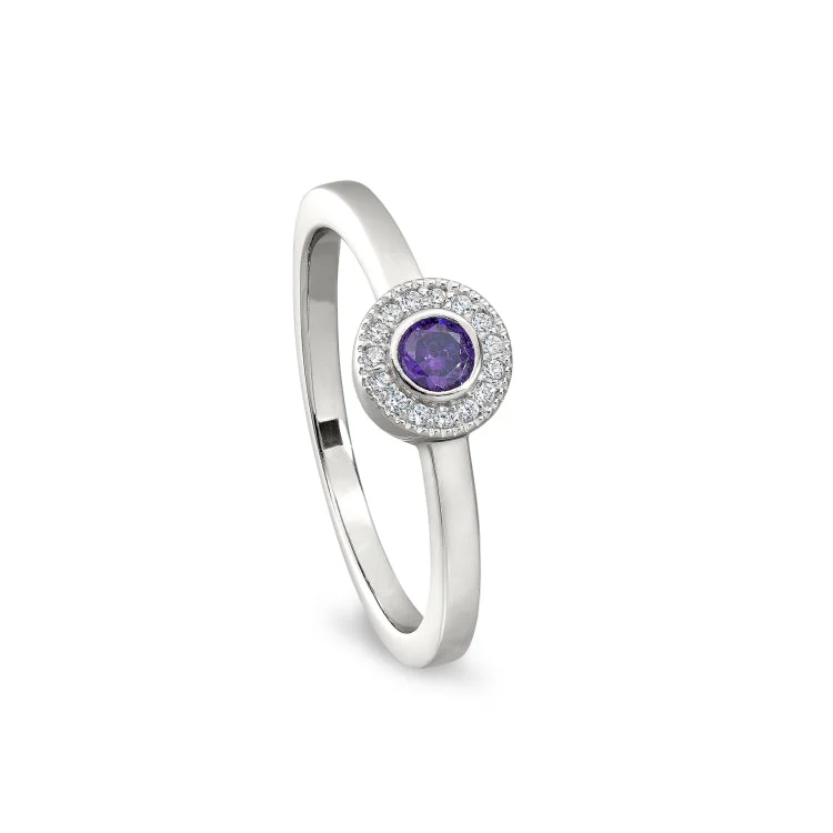 Ladies rings designer brand -Platinum Finish Sterling Silver Micropave Round Simulated Amethyst Ring with Simulated Diamonds Size 8