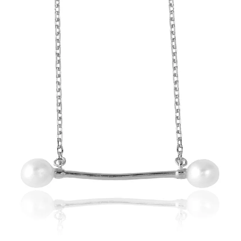 ladies necklaces collectible-Rhodium Plated 925 Sterling Silver Fresh Water Pearl Bar Necklace - GMN00024RH