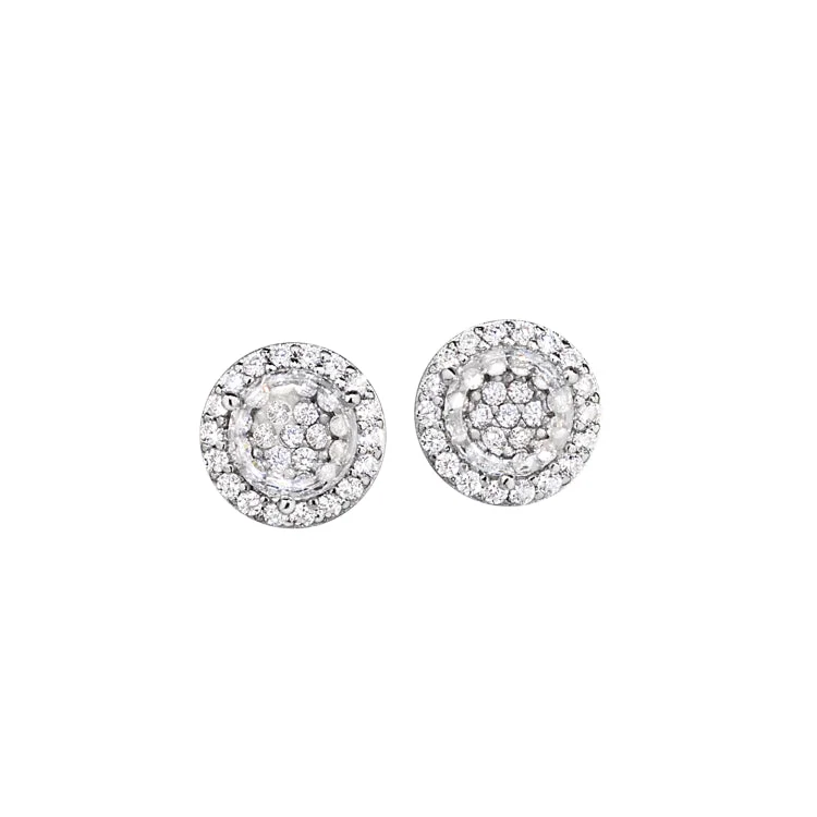 Ladies earrings memorial pair -Platinum Finish Sterling Silver Micropave Round Earrings with Simulated Diamonds