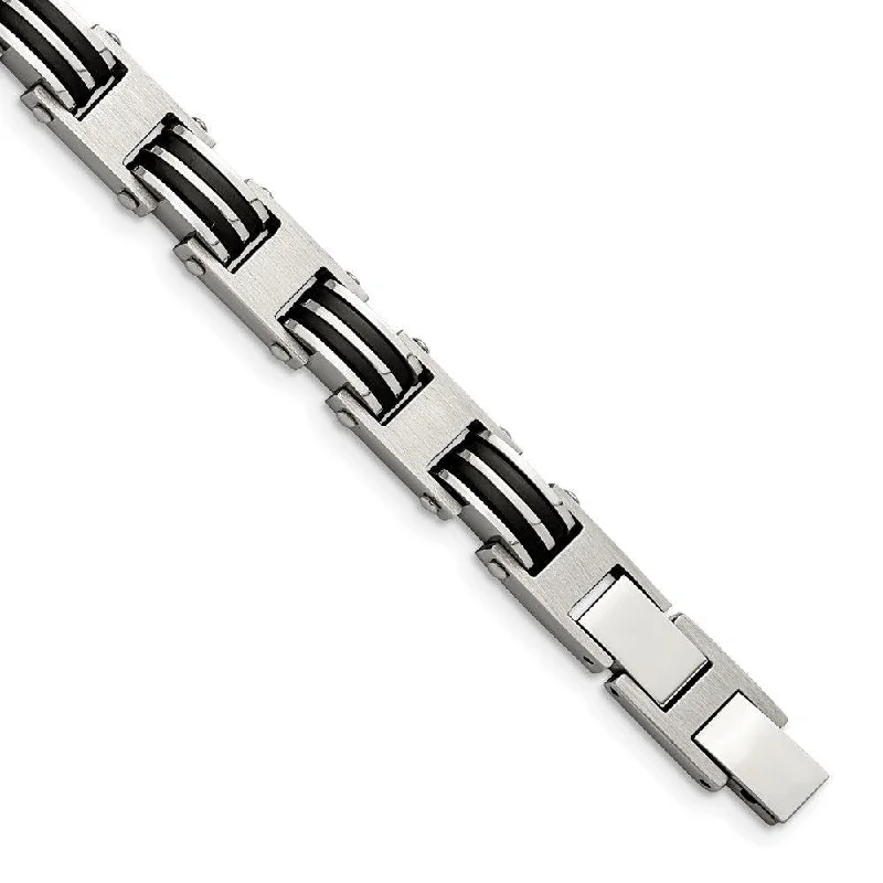 ladies bracelets materials-Stainless Steel Brushed & Polished w/Blk Rubber w/.5in ext 7.75in Bracelet