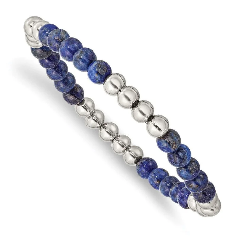 ladies bracelets prices-Stainless Steel Polished Lapis Beaded Stretch Bracelet