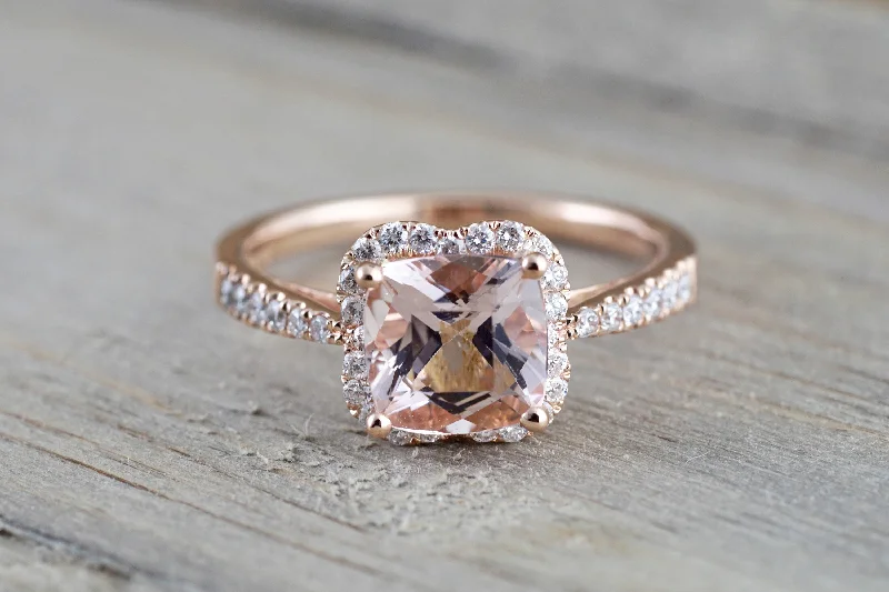 Ladies engagement rings garnet red -14k Rose Gold Morganite Flower Clover Diamond Halo Engagement Promise Ring Pink Peach